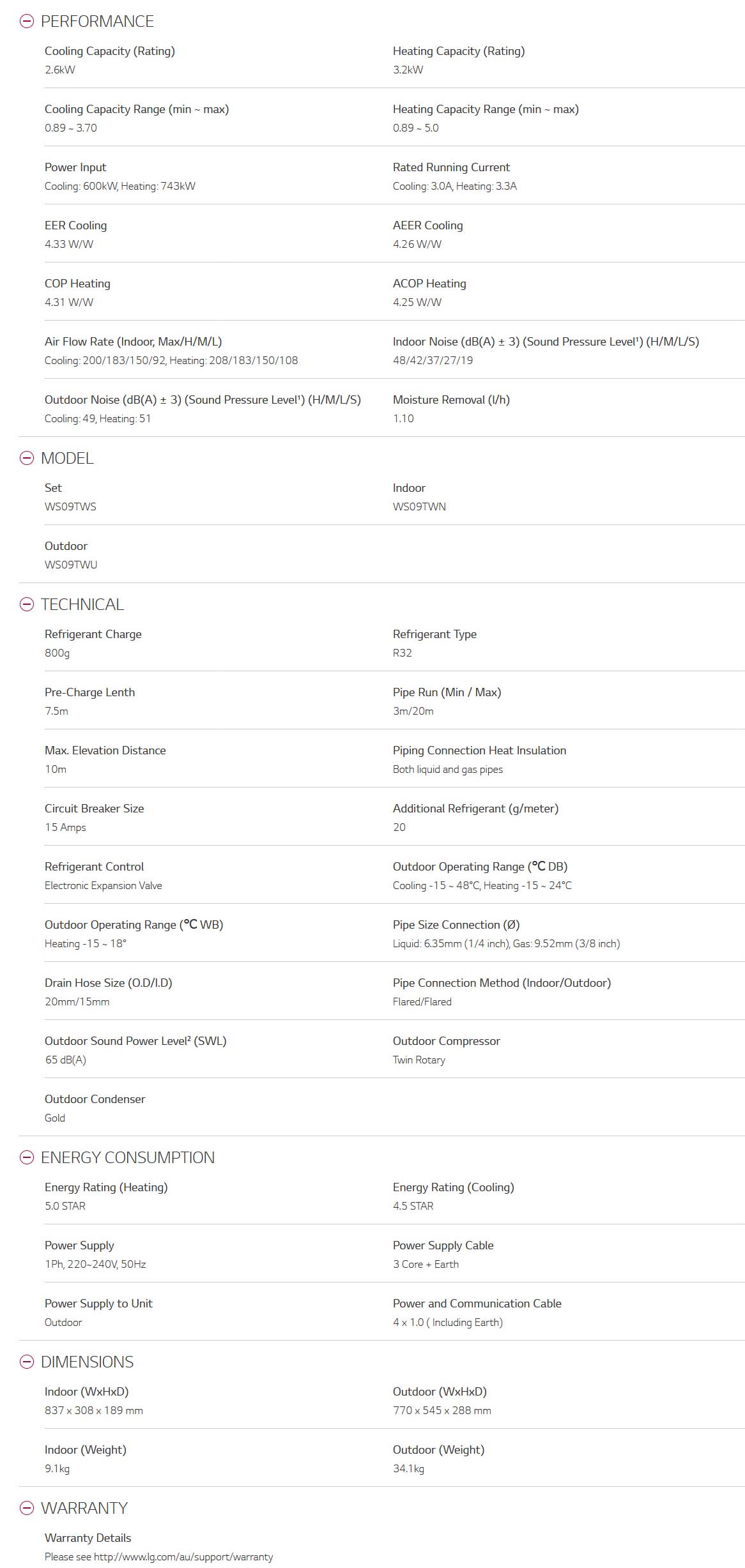 LG WS09TWS Specifications